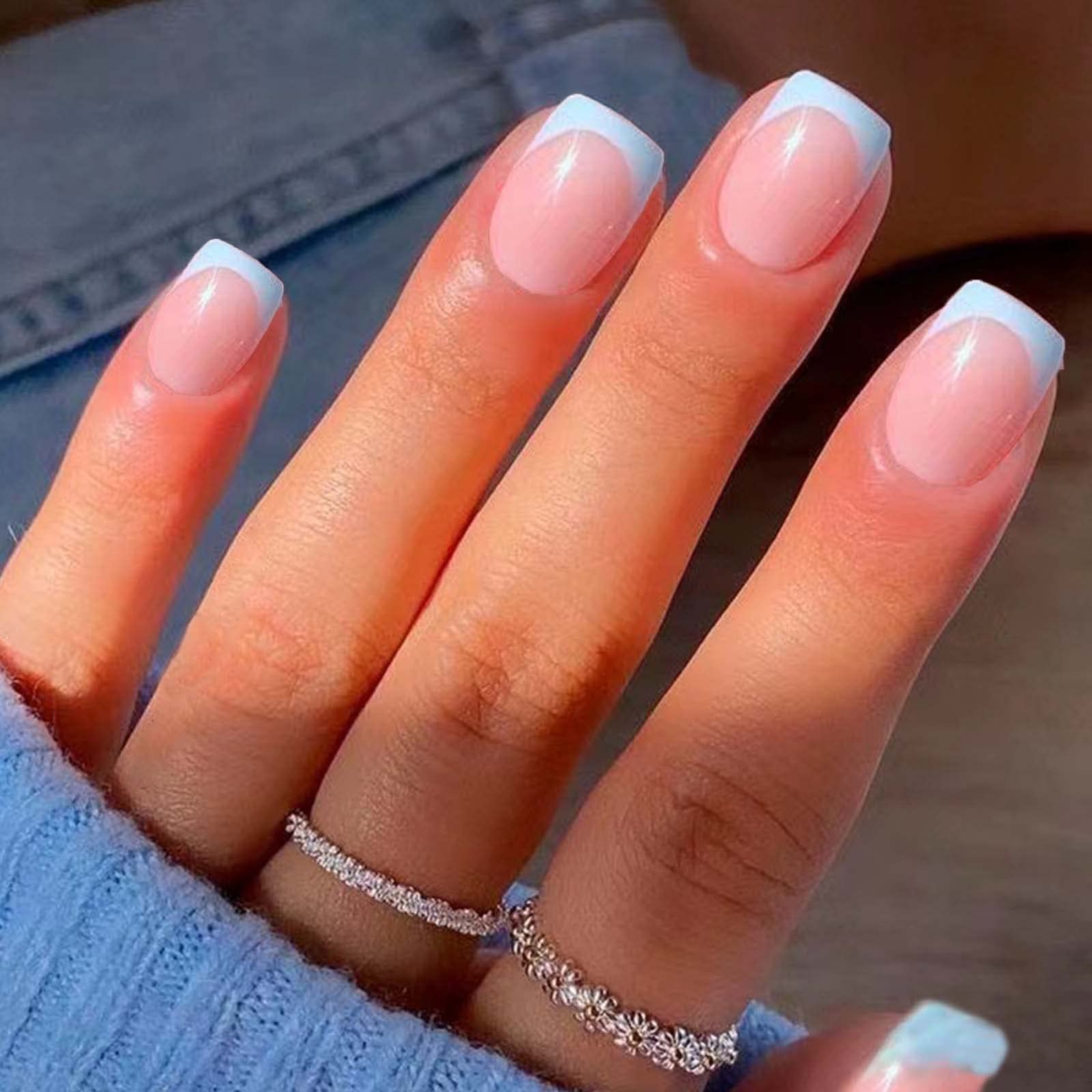 Photo 1 of DANMANR Medium Press on Nails Full Cover Fake Nails Acrylic Stick on Nails False Nails for Women and Girls (French blue medium nails)