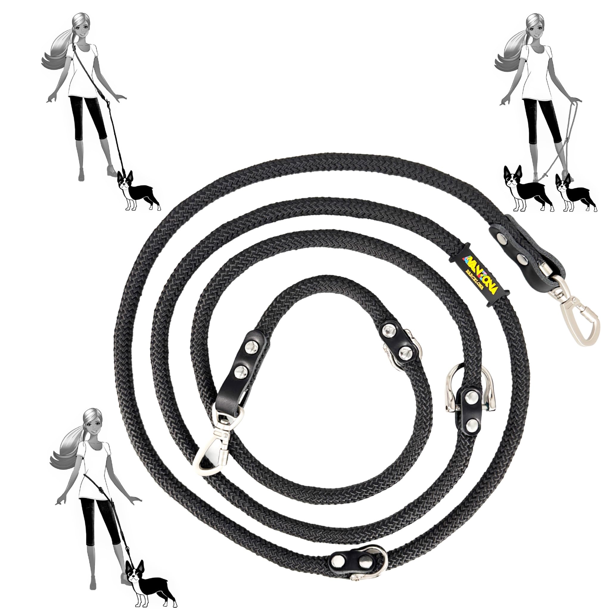 Hands Free Dog Lead. Double Ended, MultiFunction, Multiposition, for 2 Dogs, Small Medium Large. Rope and Leather, Made in Spain. Black & Black. — image 1