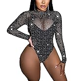 Aucute Women's Sexy Lace Body Suit One Piece Lingerie Rhinestone Fishnet Bodysuit Sparkle Party Rave Outfits
