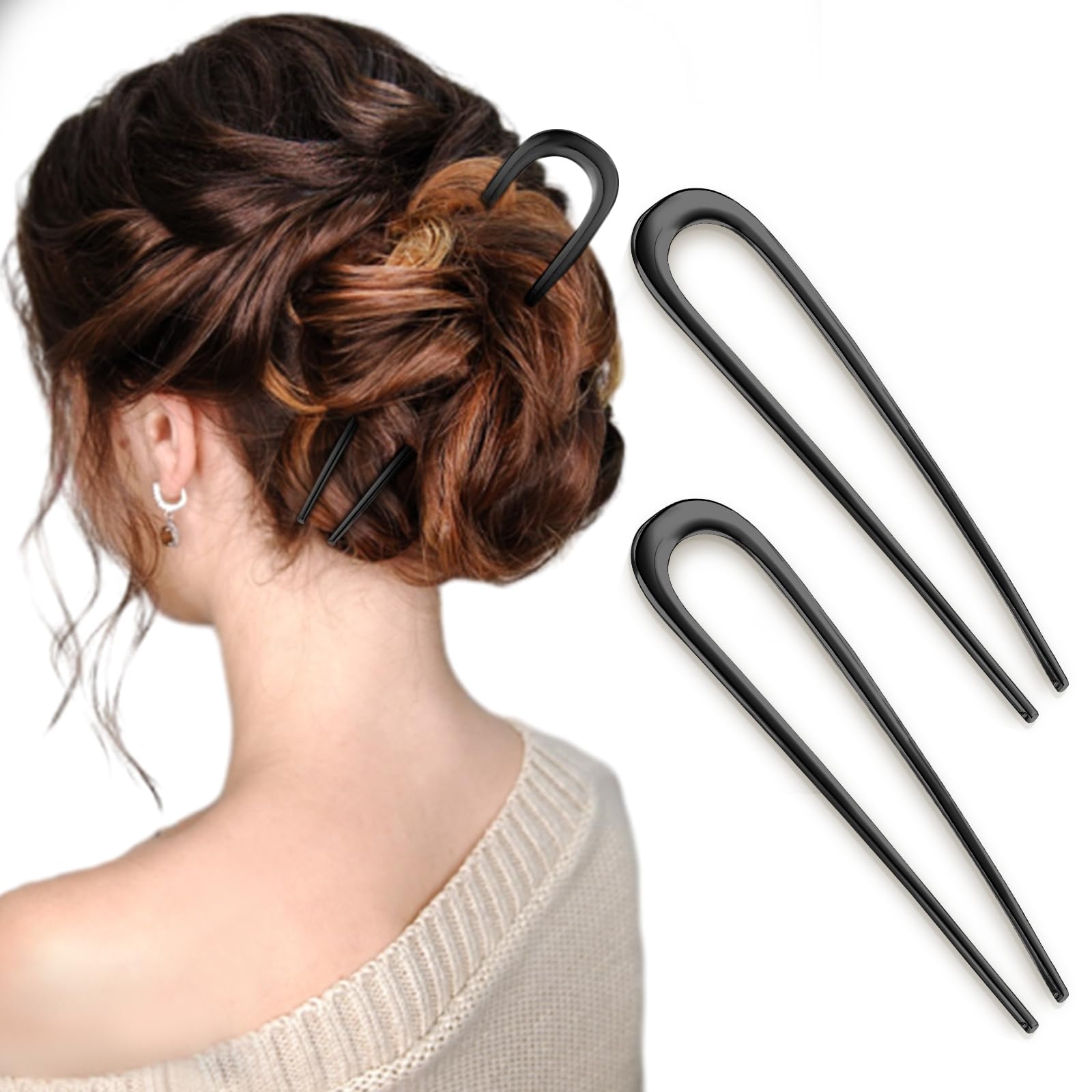 Photo 1 of 2Pcs Elegant French Hair Pins for Thick Hair, 5.5 Inch U-Shaped Metal Pins, Vintage French Twist Coiffure Accessories for Women & Girls (Black)