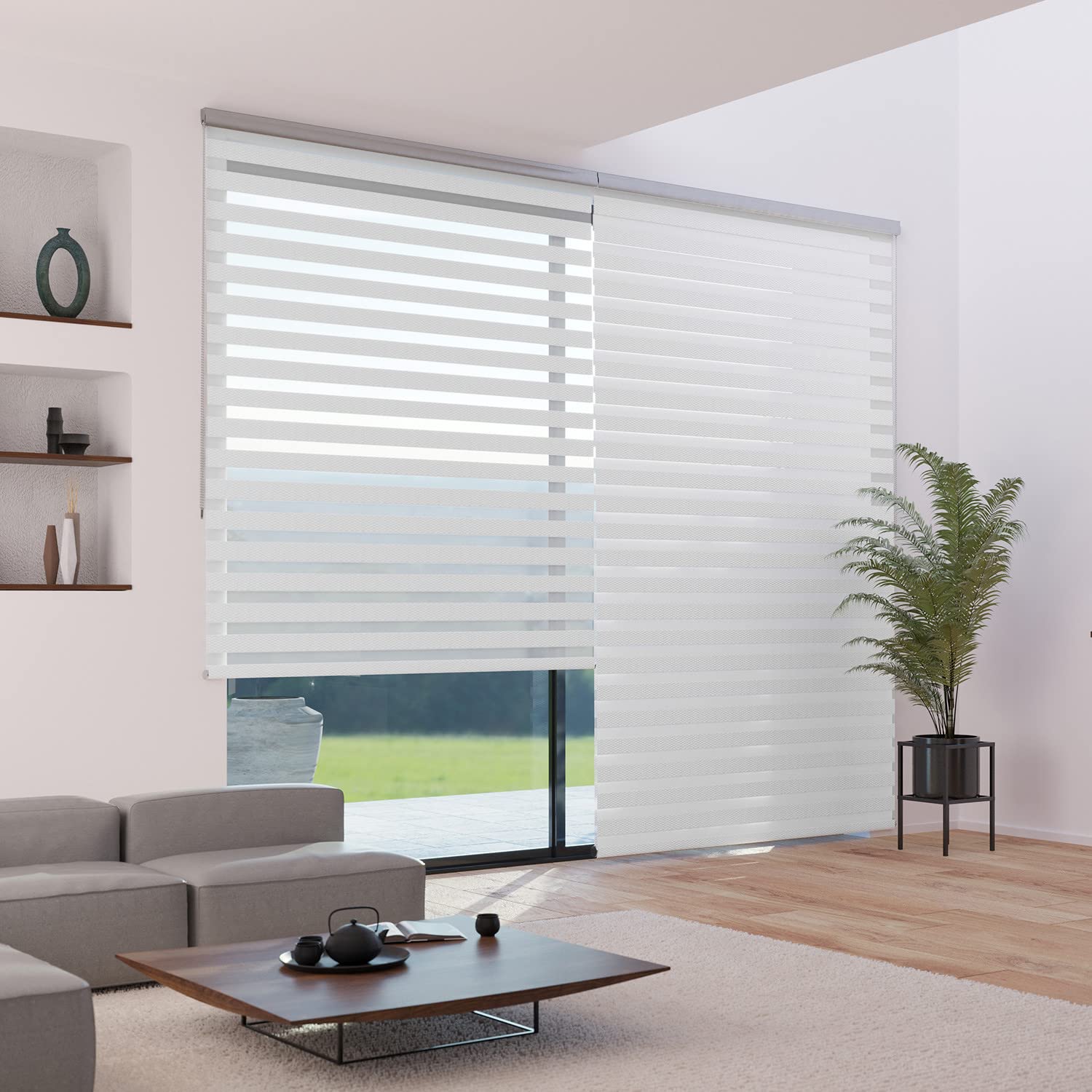 Madecostore Double Roller Blind Jacquard Fabric Grey – 64 x 250 cm – Drilling Required – Chrome Chain
