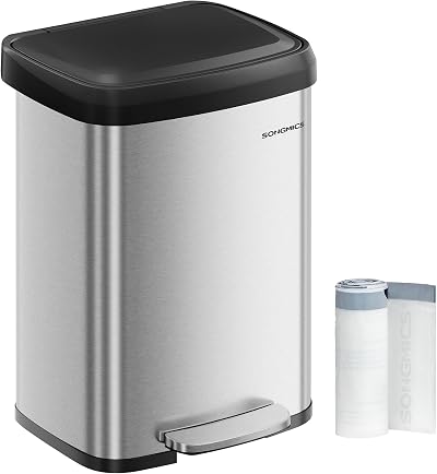 SONGMICS 50 L Kitchen Bin Pedal Trash Can Stainless Steel Silver Black LTB530E50