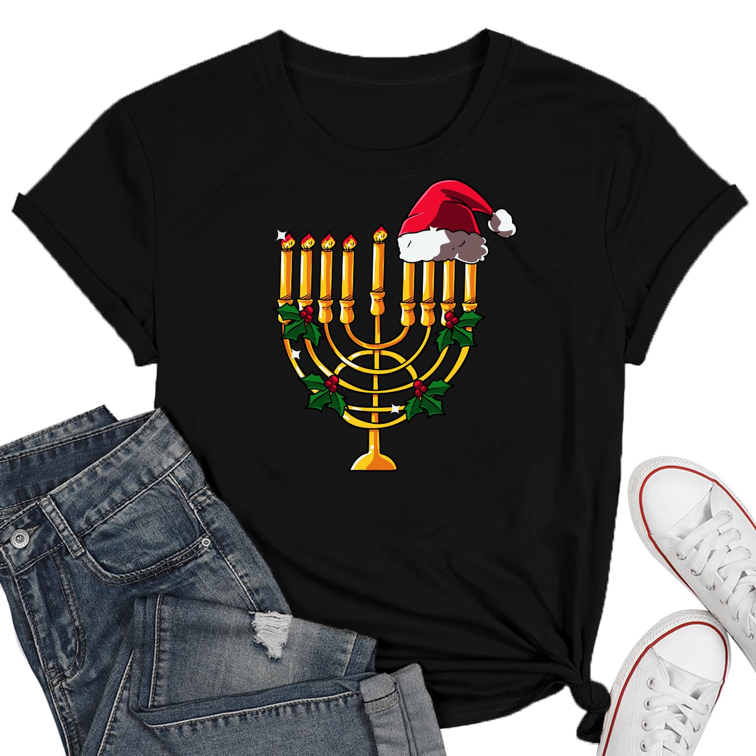 Hanukkah Shirt Women Chanukah Santa Hat Light Up Graphic T-Shirts Funny Jewish Hanukkah Gift Tee Tops Black