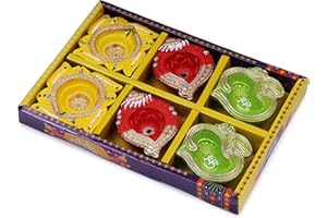TRENDBELL Handmade Terracoaat Set of 6 Multicolor Clay Diya for Diwali/Navratri Decorations Oil Lamp Diwali Clay Diya Tea Light Holder Indian Decor Festival Gifts Puja Items | TRBD6MD-08