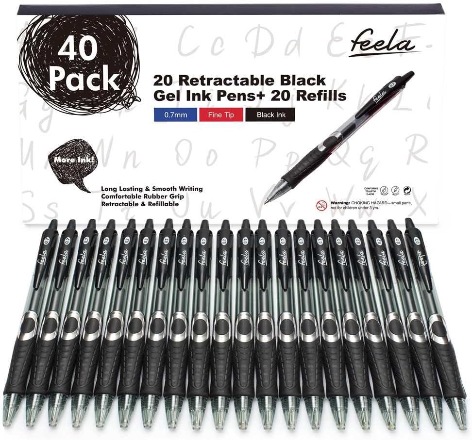 Gel Pens, 40 Pack Black Ink Gel Retractable Medium Point Pens Set by Feela, 20 Rollerball Pens with 20 Refills Smooth Writing with Comfort Grip