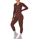 OLCHEE Womens Workout Sets 2 Piece Seamless Ribbed Long Sleeve Yoga Outfits High Waist Leggings Zipper Jacket Thumb Hole Gym