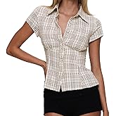 Women Slim Fit Collar Shirt Vintage 90s Button Down Lapel Ruched Top Summer Cap Sleeve T-Shirt Streetwear