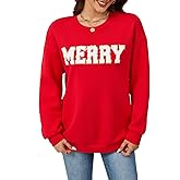 Samring Christmas Sweatshirts for Women Oversized Crewneck Long Sleeve Letter Graphic Merry Pullover Top