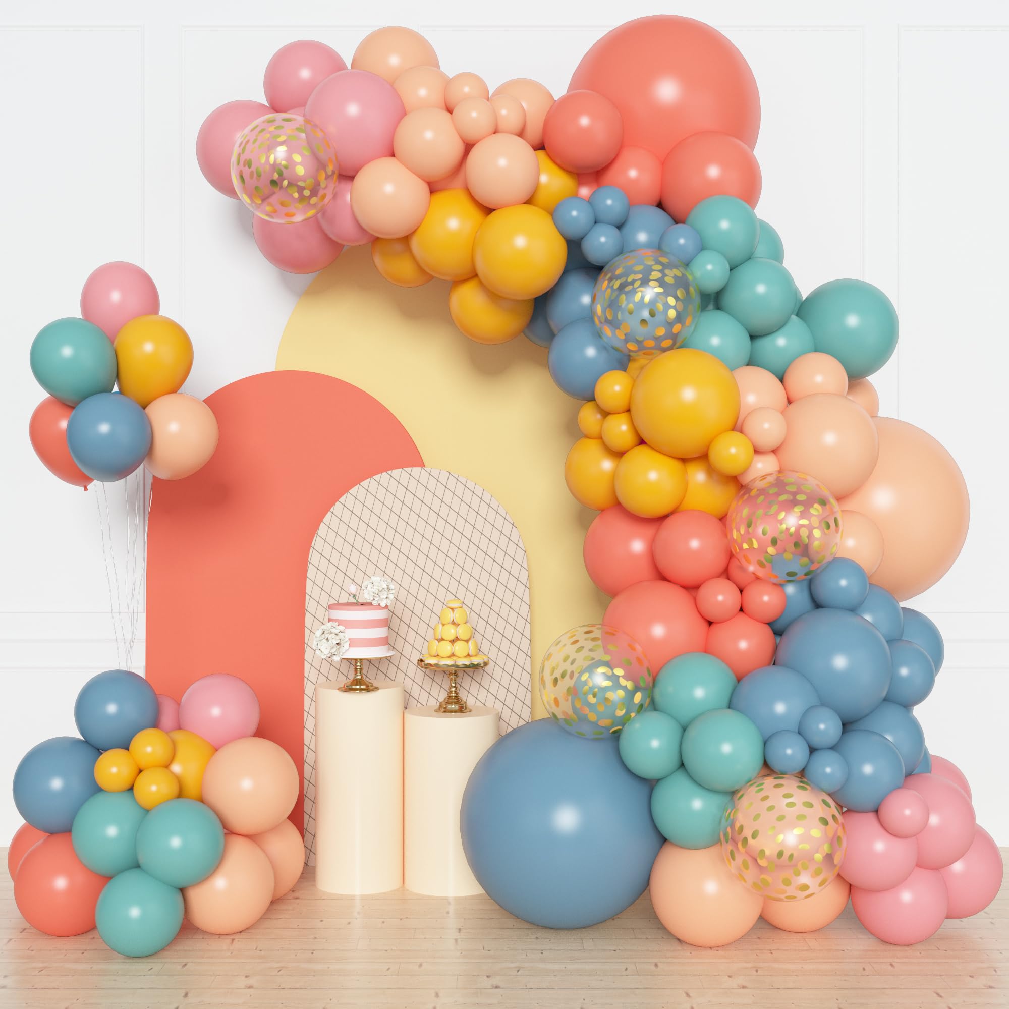 Photo 1 of Amandir 153pcs Boho Balloon Arch Garland Kit, Different Sizes 18 12 10 5 inch Dusty Blue Blush Pink Rainbow Balloons for Here Come the Son Baby Shower Colorful Dinosaur Boho Birthday Party Decorations