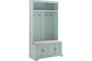 Crosley Furniture Holbrook Hall Tree with Shoe Rack Bench and Coat Hooks for Hanging Storage, Distressed Seafoam Blue