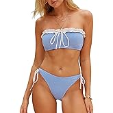 ZAFUL Womens Bandeau Bikini Sets Cheeky Ruffle Strapless High Cut Bow Tie Color Block 2 Piece Swimsuits