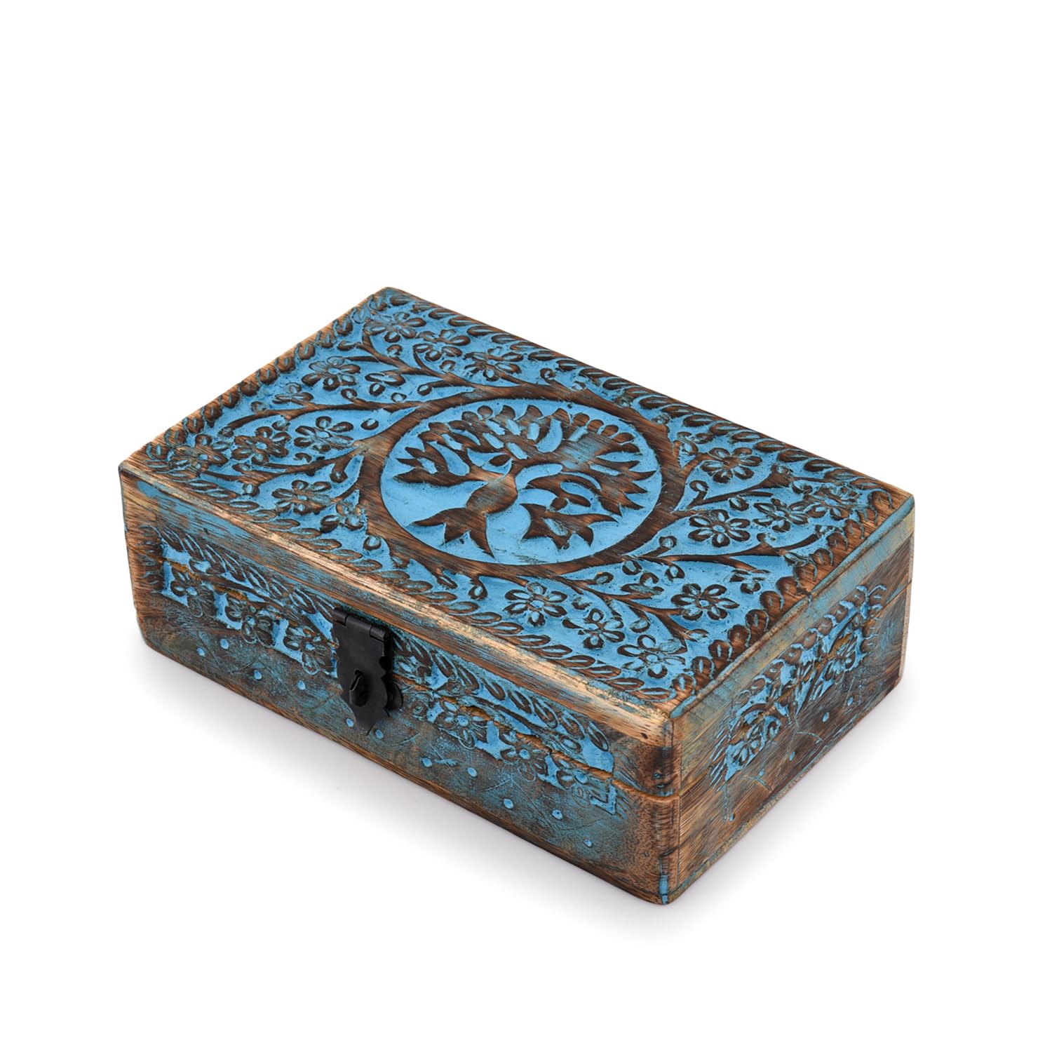 BHAVATU Handmade Mango Wood Blue Tree of Life Engraving Handcarved Jewellery Box for Women-Men Jewel | Home Decor Accents | Decorative Boxes