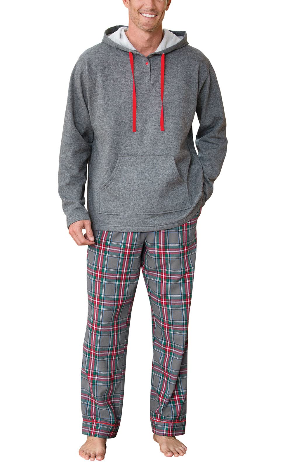 PajamaGram Mens Flannel Pajamas Sets - Warm Hooded Pajamas for Men, Gray, L Image