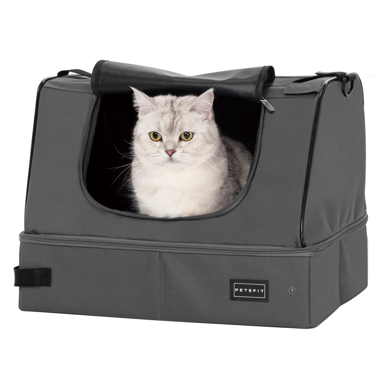 PETSFIT Travel Litter Box for Cats - Removable and Washable 2-Layer Leak-Proof Lining, Scratch-Resistant Fabric with Sturdy Support Frame, Portable Litter Box, Lightweight Gray