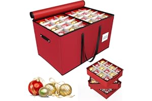 Tufmunb Christmas Ornament Storage Box, Stores 96-4" Large Ornaments with Individual Trays, Ornament Organizer Storage Box, Durable 600D Oxford Material, Extra Pockets, Dual Zipper - Red