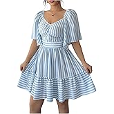 Floerns Women's Summer Flutter Sleeve A Line Dress Ruched Bust Striped Vacation Tiered Dresses