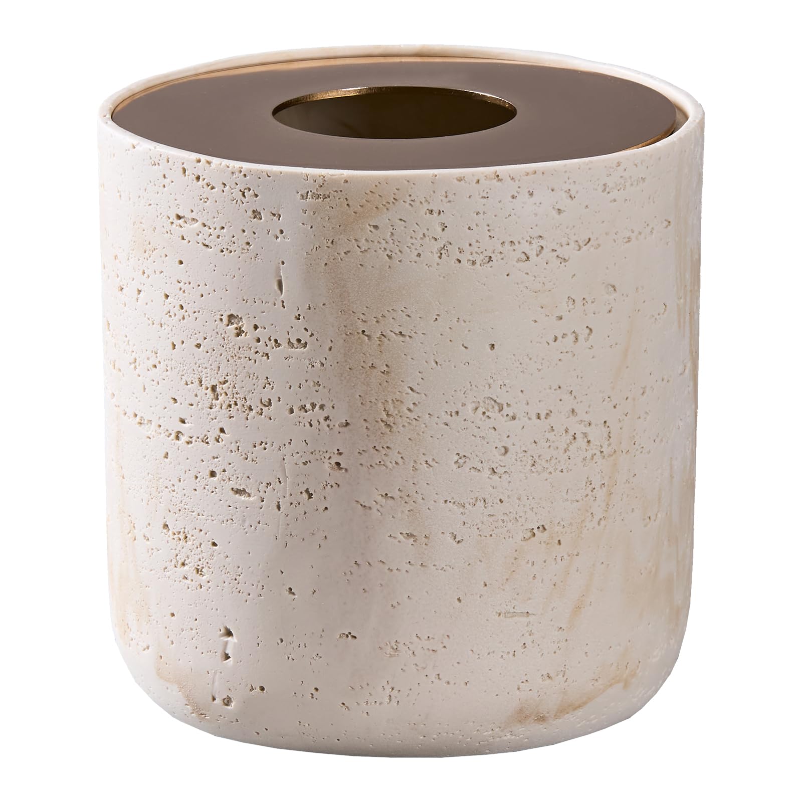 Photo 1 of *Dirty* Natural Travertine Textures Mini Trash Can with Rose Gold Stainless Steel Lid, Mini Countertop Trash Can for Bathroom Kitchen, Desk or Table top Mini Garbage Can, Resin Tiny Waste Basket for Vanity