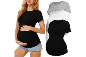 MIRAZEN 3 Pack Womens Maternity Shirts - Crew Neck Maternity Top Short Sleeve Pregnancy Tee Shirts