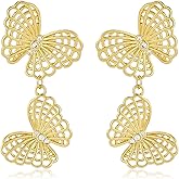 Dangle Gold Heart Charm Earrings for Women 14K Gold Plated Moon and Love Heart Earrings with Long Chain and Cubic Zirconia Colorful Moon Drop Butterfly Flower Statement Earrings Trendy Jewelry Gifts