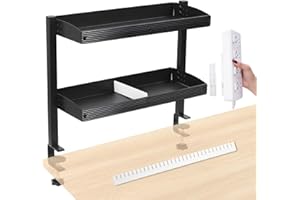 HOSASSPER Clamp on Desk Shelf Organizer, 2-Tier Above or Under Desk Clamping Storage on Shelves, Clip on Table Shelf with Socket Fixer & White Drawer Dividers for Home Office, PC Desk Accessories