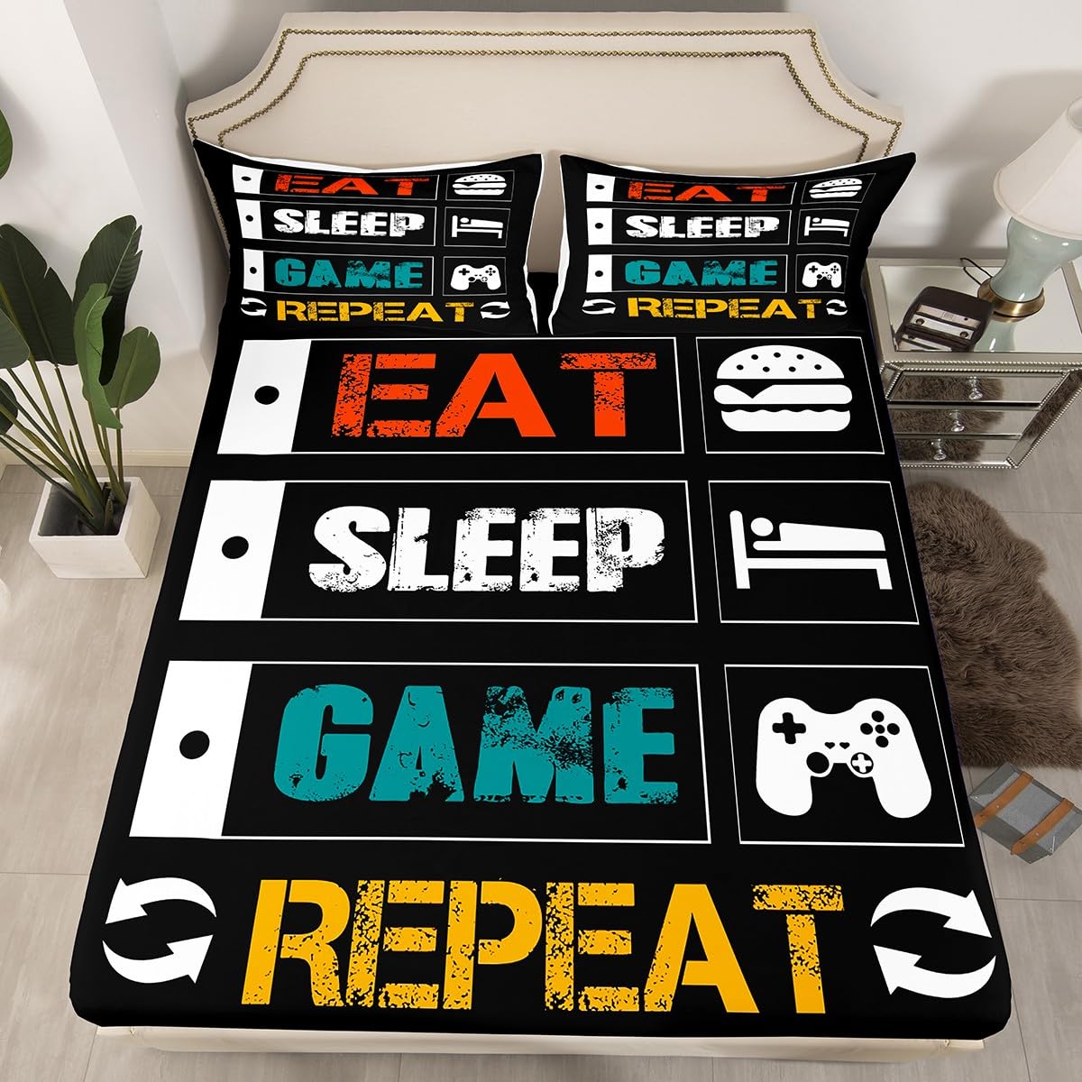 Loussiesd Gamer Fitted Sheet for Boys Gaming Bedding Set Girls Kids Video Game Controller Bed Sheet Set Funny Creative Eat Sleep Game Repeat No Flat Sheet Double Size