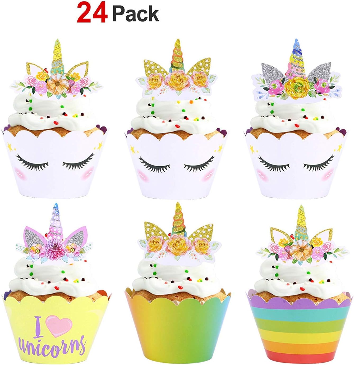 Unicorn Cupcake Decorations, Unicorn Cupcake Toppers Horn and Ears Double Sided Wrappers for Kids Baby Girls Rainbow Themed Unicorn Birthday Party Supplies Favors Decorations (24Pack)