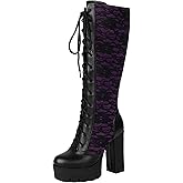 BEAUPAS Women's Lace Knee High Platform Boots Chunky Block Heel Gothic Lace-Up Combat Boots