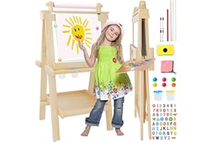 JUZBOT Easel for Kids Deluxe Foldable All-in-1 Toddler Easel with Paper Roll& 84pcs Accessories Magnetic Chalk-Whiteboard Art Center for Kids 3 4 5 6 7 8 Years Old Boys Girls-Natural Wood