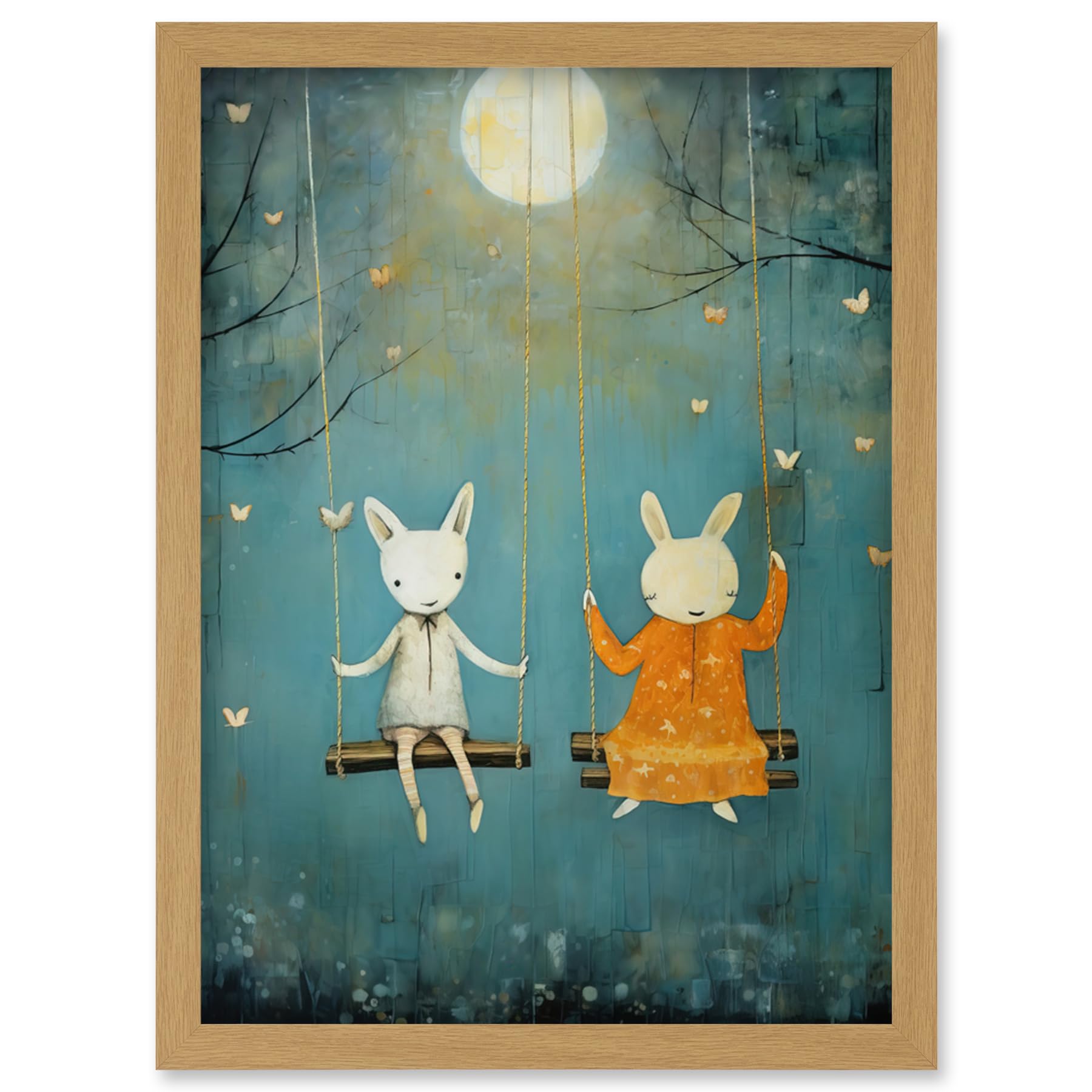 Artery8 Rabbits on a Swing with Moonlit Butterflies Calming Baby Nursery Artwork Framed Wall Art Print A4