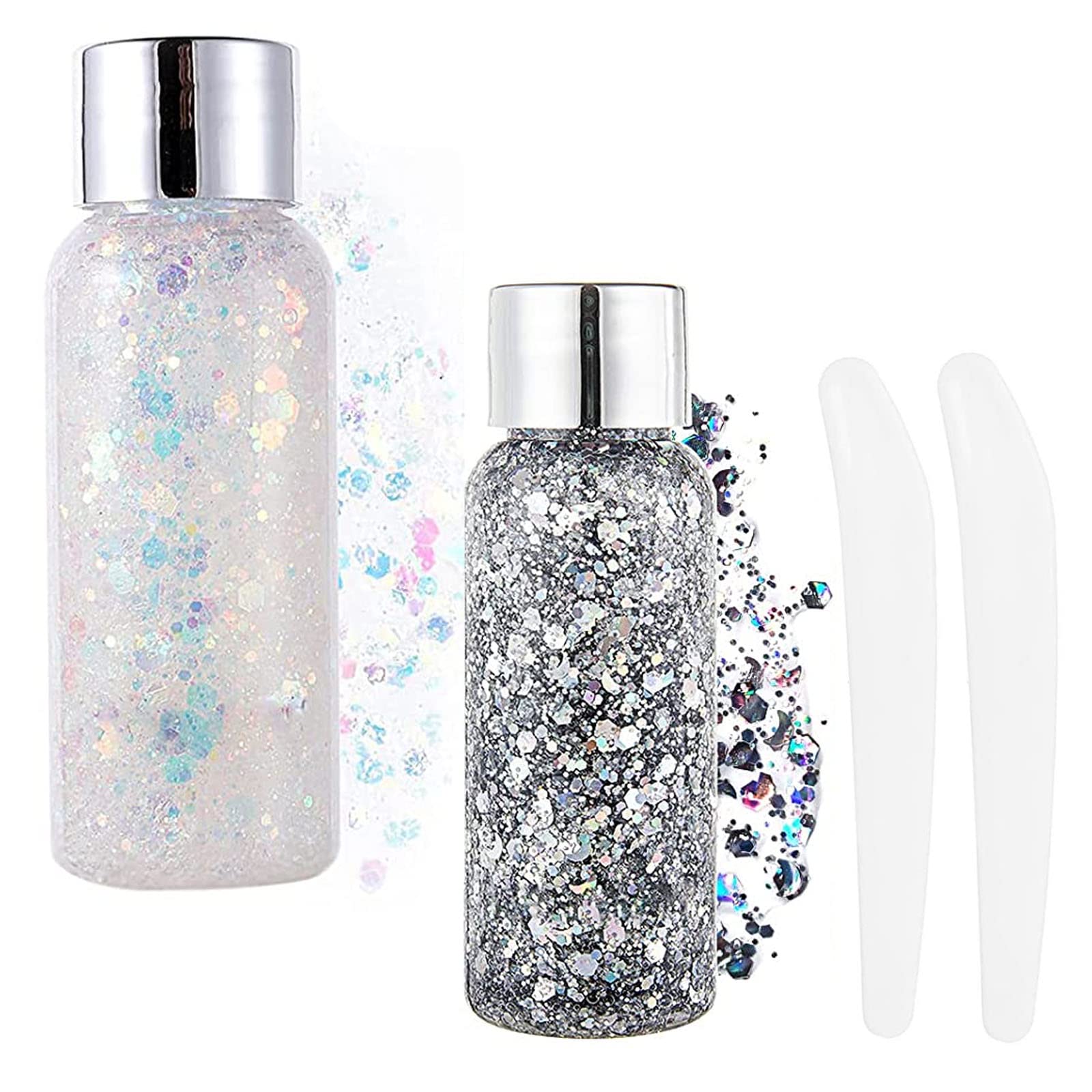 Mermaid Sequins Chunky GlitterLiquid Eyeshadow Glitter Body Gel Festival Glitter Cosmetic Face Hair Nails Makeup Long Lasting Sparkling 30g-White+Silver