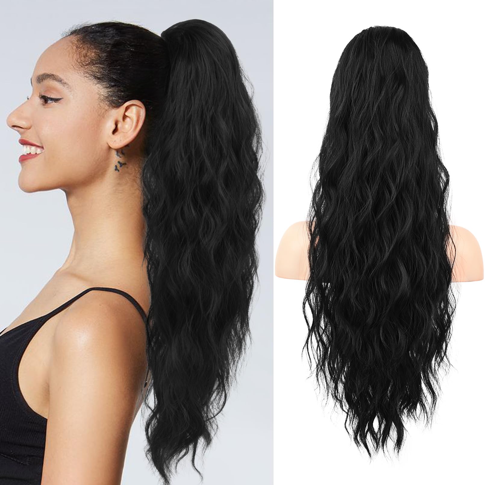 REECHO Ponytail Extension, 26" Long Beach Wave Drawstring Pony Hair Extension Synthetic Pony Tail Hairpiece for Women - Black — image 1