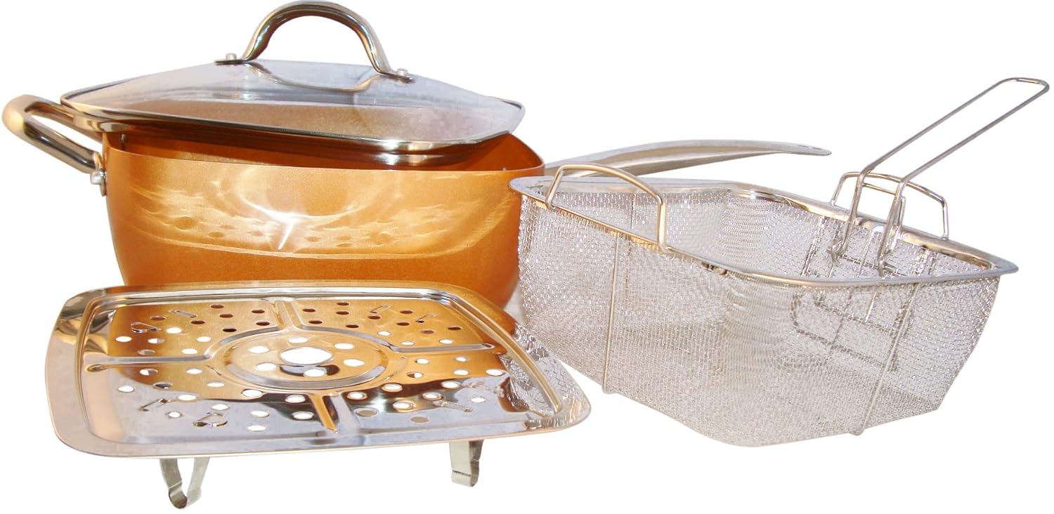 Frying Basket 5 Piece Glass Lid Copper Pan Steamer Dish Washer Safe VI