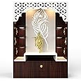 Devyom Wooden Large Pooja Mandir For Home And Office With LED Lights/Designer Brown Temple With White Jali Carving/Mandir With Cabinets For Storage