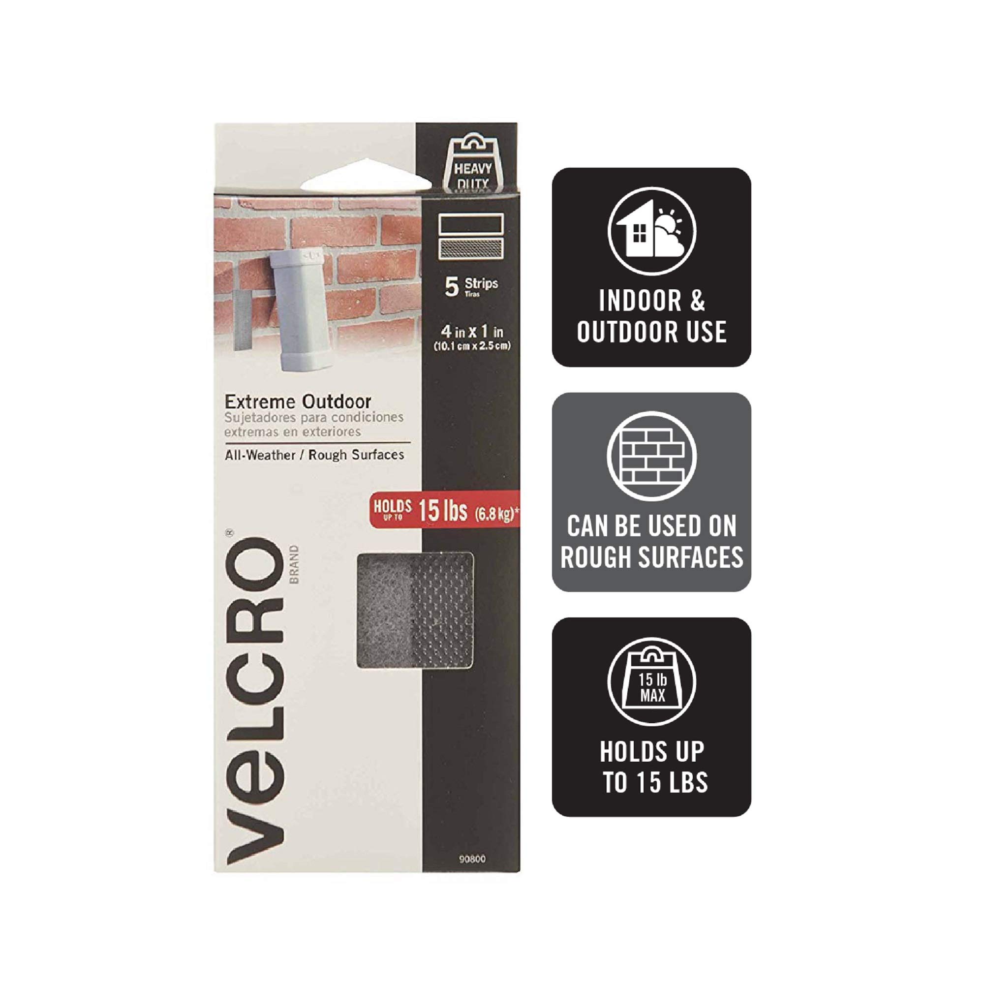 VELCRO Brand Industrial Fasteners Extreme Outdoor Weather Conditions Professional Grade Heavy Duty Strength Holds up to 15 lbs on Rough Surfaces, 4in x 1in (5pk), Strips, Gray