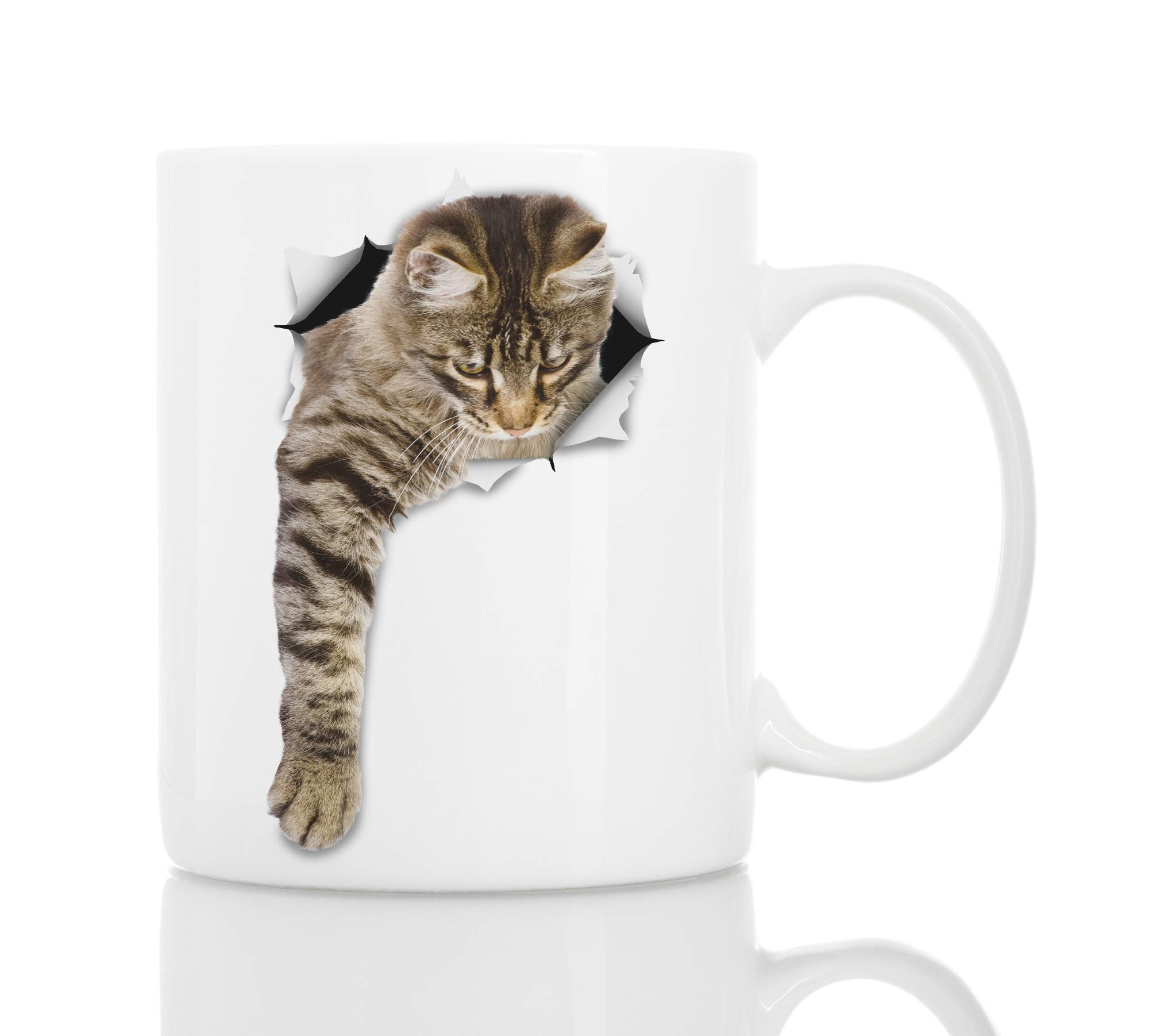Cute Reaching Tabby Cat Coffee Mug - Ceramic Funny Coffee Mug - Perfect Cat Lover Gift - Novelty Coffee Mug Present - Great Birthday or Christmas Surprise for Friend or Coworker, Men and Women (11oz)