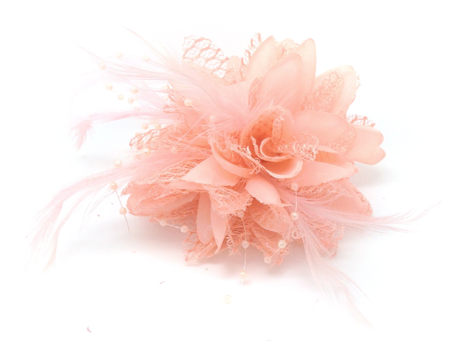 Flower Feather Bead Corsage Hair Clips Fascinator Hairband and Pin (Nude Peach)