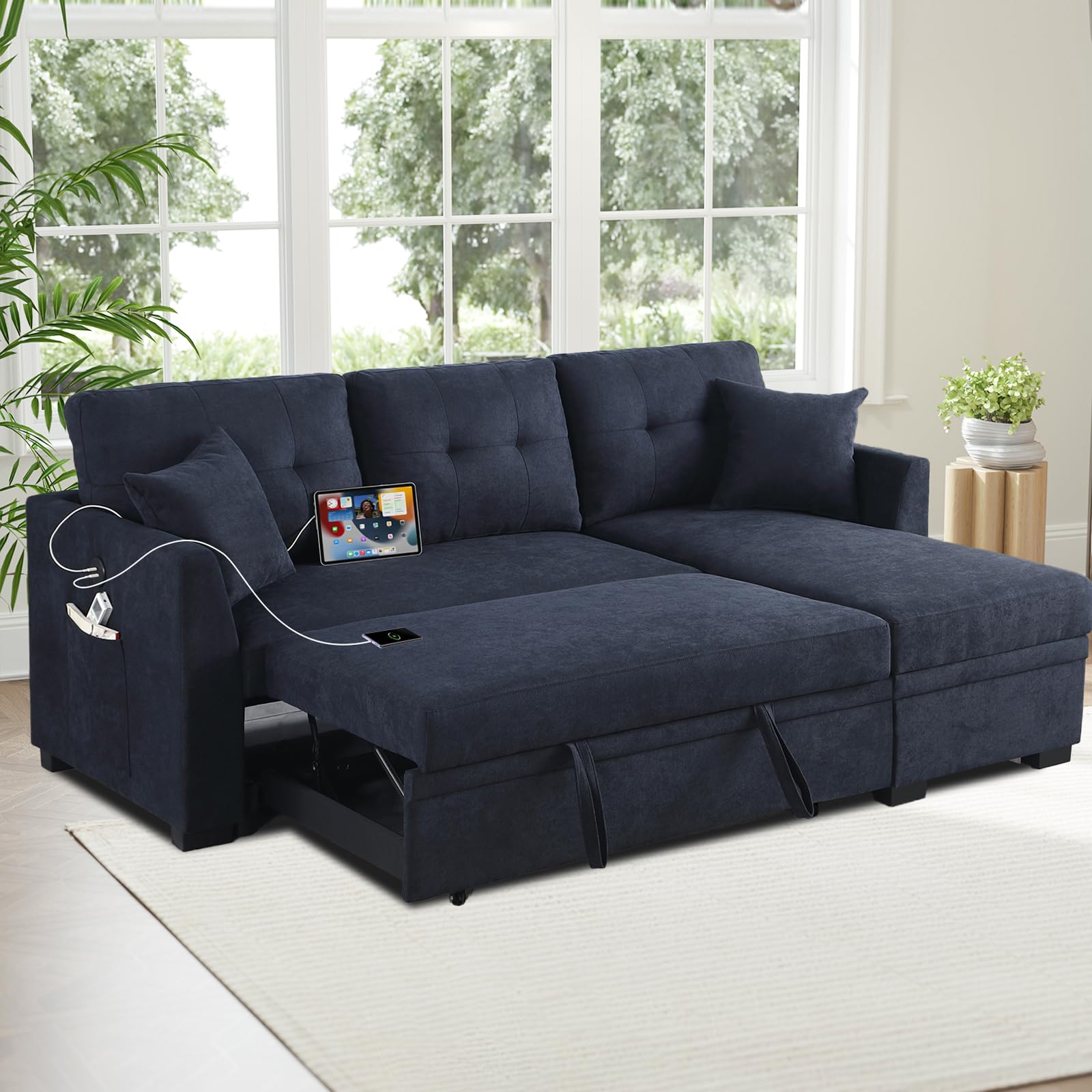 Photo 1 of ***PARTIAL SET*** ***READ CLERK NOTES*** Yafylly L-Shaped Sofa with Storage and Pull-Out Bed, Convertible Futon Chaise Lounge with Ports, Recliner for Living Room, Bedroom, Apartment, Office, Dark Blue