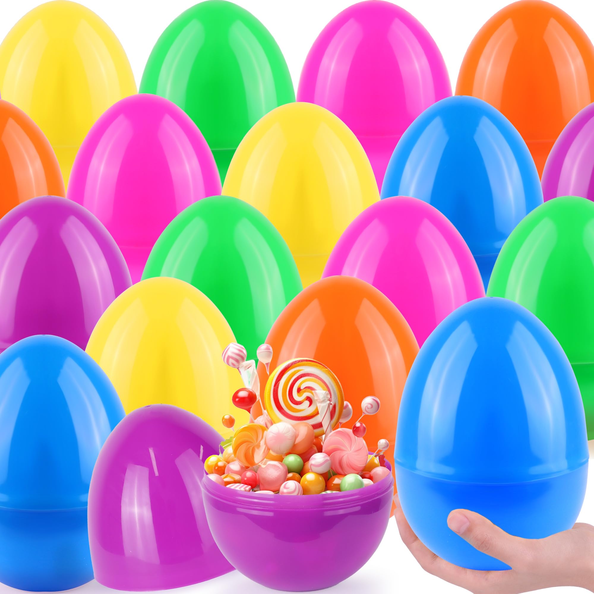 Photo 1 of ***FACTORY SEALED***18 PCS Jumbo Easter Eggs 6 Inch Giant Plastic Bright Solid Easter Eggs Assorted Colors Large Fillable Easter Egg for Easter Party Favor Easter Eggs Hunt Easter Basket Stuffers Fillers Classroom Prize