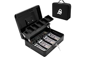 Zynkora Locking Cash Box with Carry Bag, Metal Money Box with Money Tray, Durable Lock Safe Box with Key, 4 Bill 5 Coin Slots,Cantilever Design, Large Cash Boxes, Money Saving Organizer Black