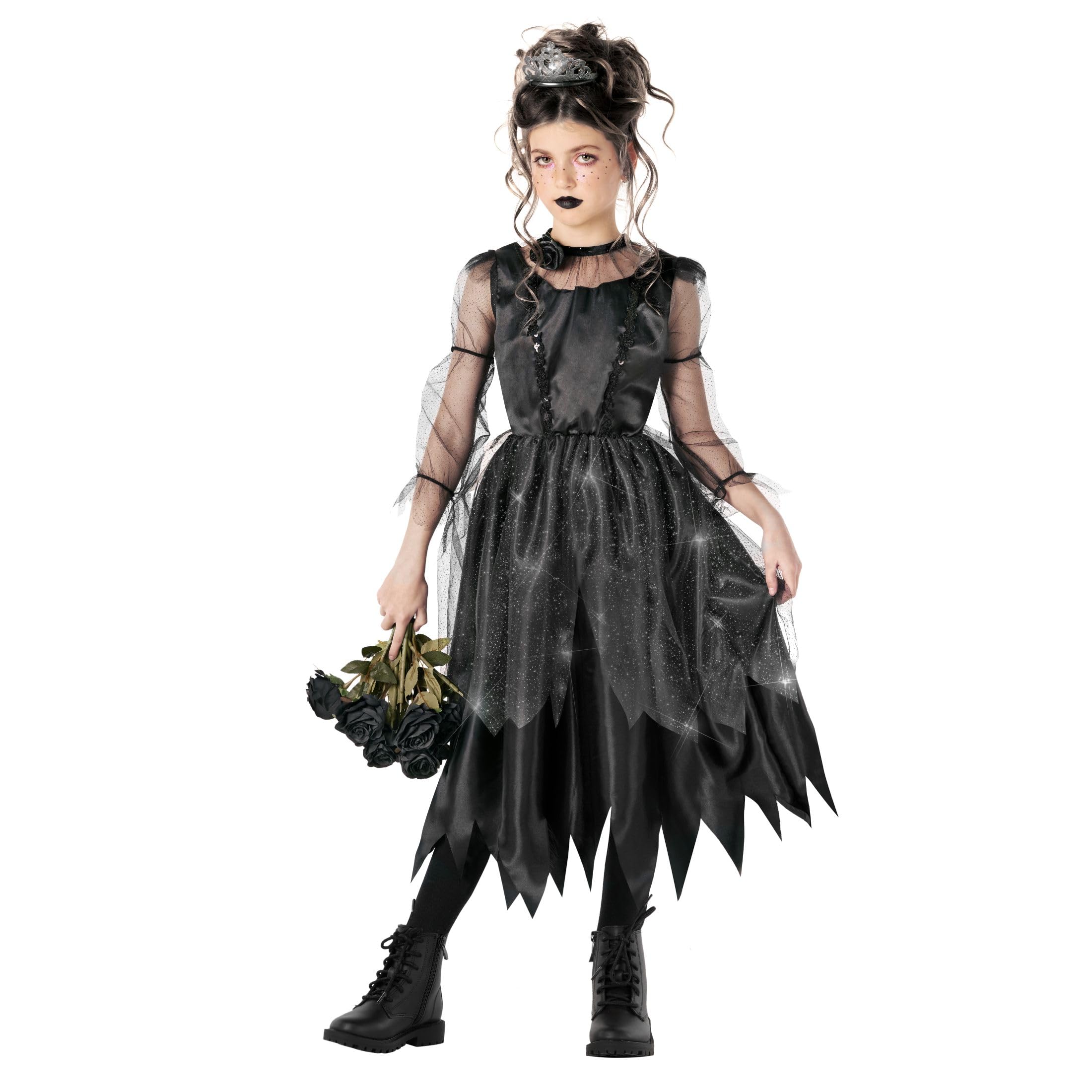 Morph Kids Gothic Witch Costume For Girls - Black Witch Dress - Halloween Costume For Girls - Spooky Dress Up, Medium