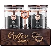 ARTIFORM 2-Piece Borosilicate Glass Coffee Storage Jars with Wooden Stand & Spoon - Airtight Sealed Containers for Coffee Beans, Ground Coffee, Tea - Clear Glass Canisters for Kitchen Countertop
