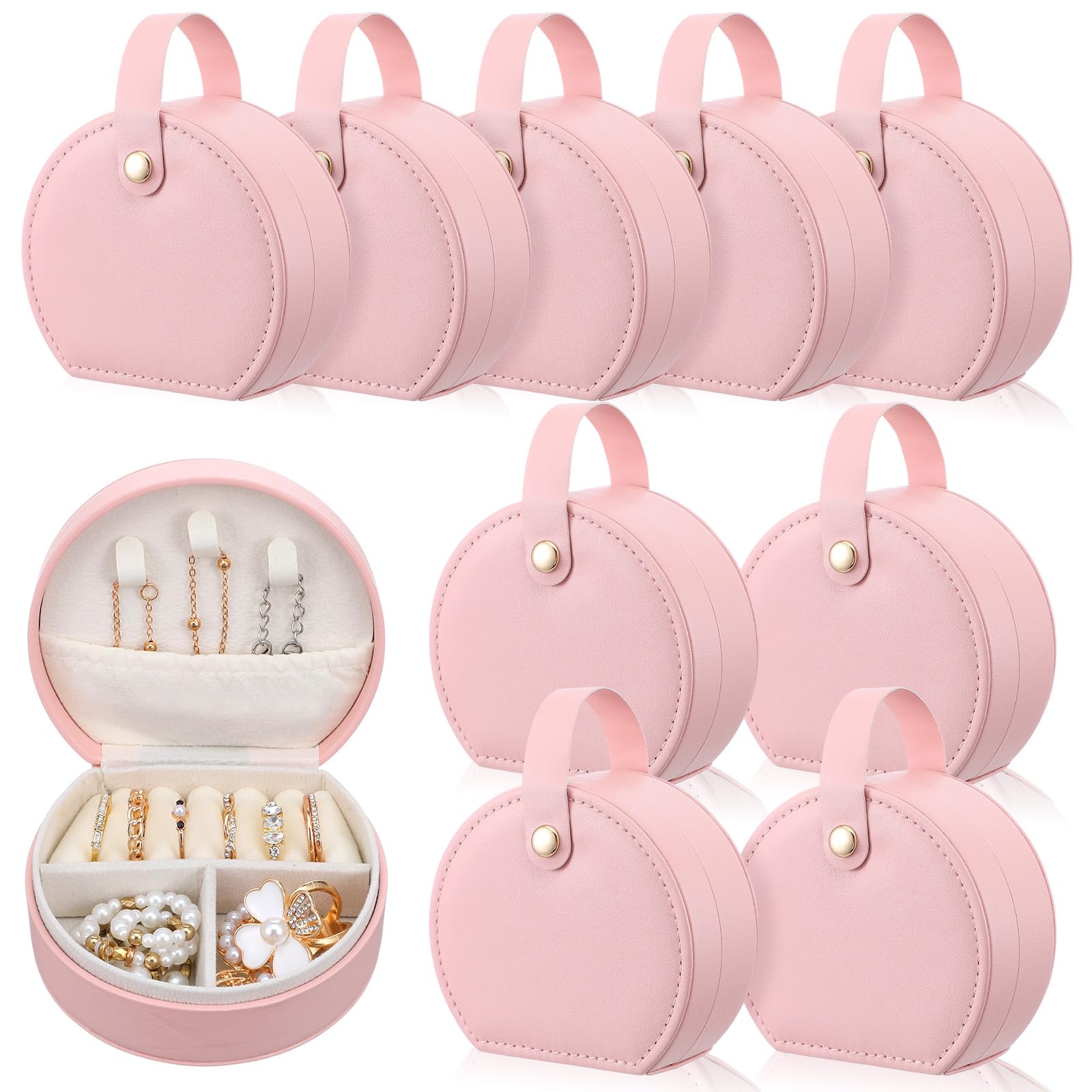 Photo 1 of 10 Pack Travel Jewelry Case Mini Leather Bridesmaid Jewelry Gift Box Bulk, Half Moon Design, Detachable Handle, Small Earring Storage Organizer for Women Girls Bridesmaid Proposal Gifts(Pink)