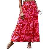 Bsubseach Womens Maxi Skirts 2026 Summer Boho Elastic High Waist Floral Print Pleated Ruffle Flowy Long Skirt with Pockets