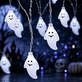 TUKIU Halloween String Lights, 10Ft 20 LED Ghost Lights, Battery Operated | 20 cute ghost LEDs, 9.8FT flexible wire, 3 AA battery box, steady & flashing modes for Halloween indoor outdoor party decor