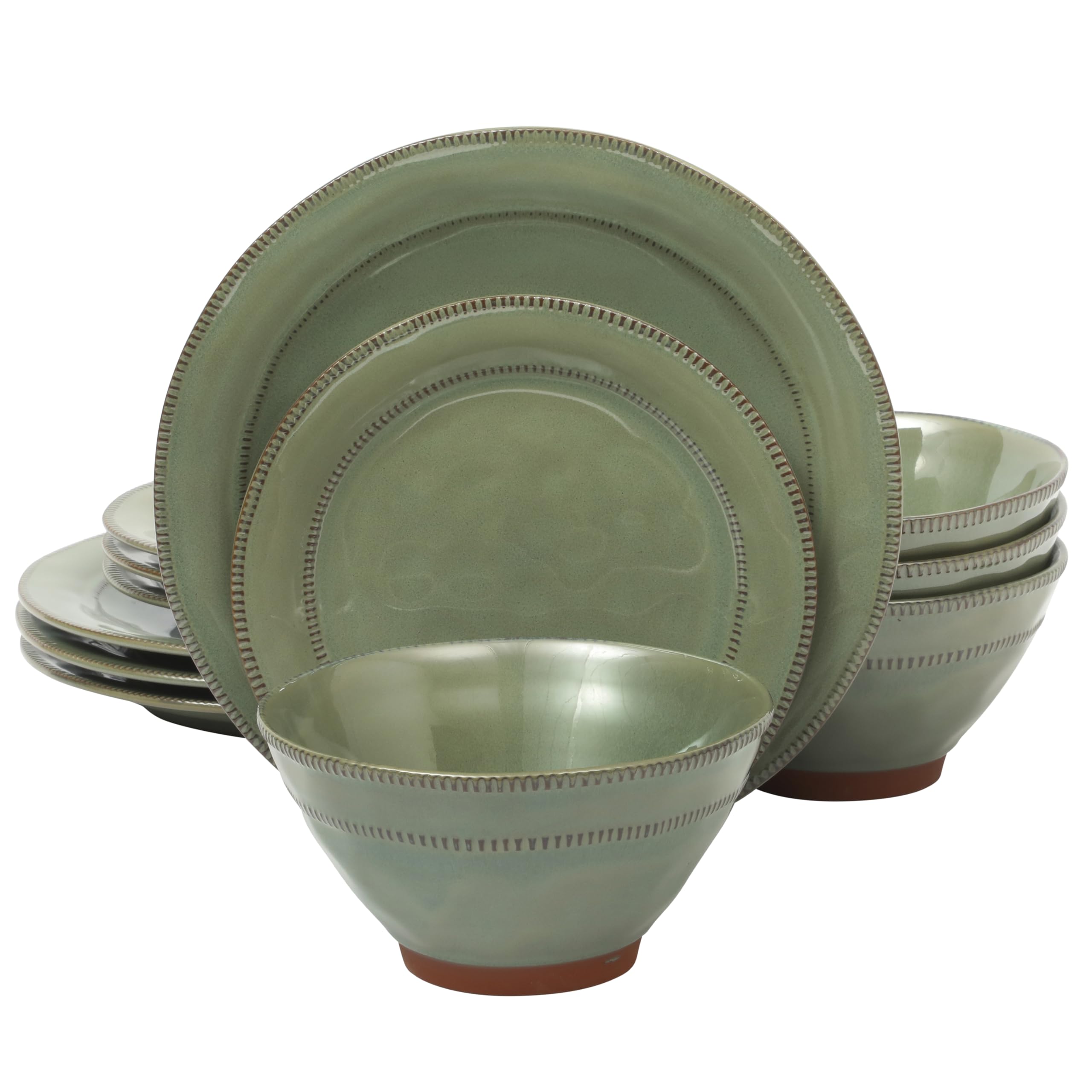 Gibson Elite Terranea 12 Piece Dishes Reactive Glaze Plates and Bowls Terracotta Dinnerware Set - Service for 4 - Green Image