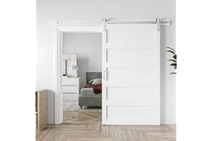 COSHOMER 48in x 84in White Sliding Barn Door with 8ft Brushed Nickel Barn Door Hardware Kit & Handle, 5-Panel, Pre-Drilled Holes Easy Assembly, Water-Proof PVC Surface