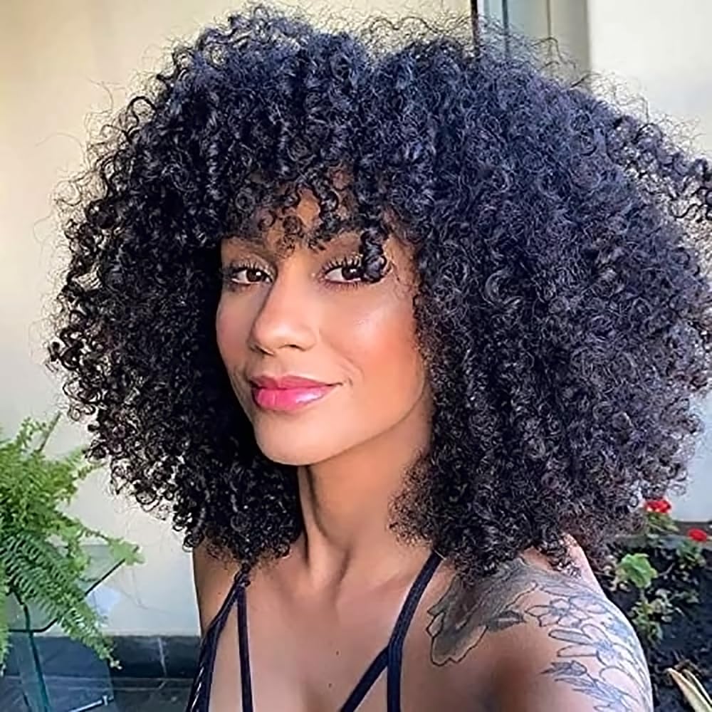PORSMEER Curly Afro Wigs for Black Women Short Kinky Curly Wigs with Fringe Premium Synthetic Hair Full Fluffy Black Wig for Ladies Daily Wear or Cosplay Party,14inch — image 1