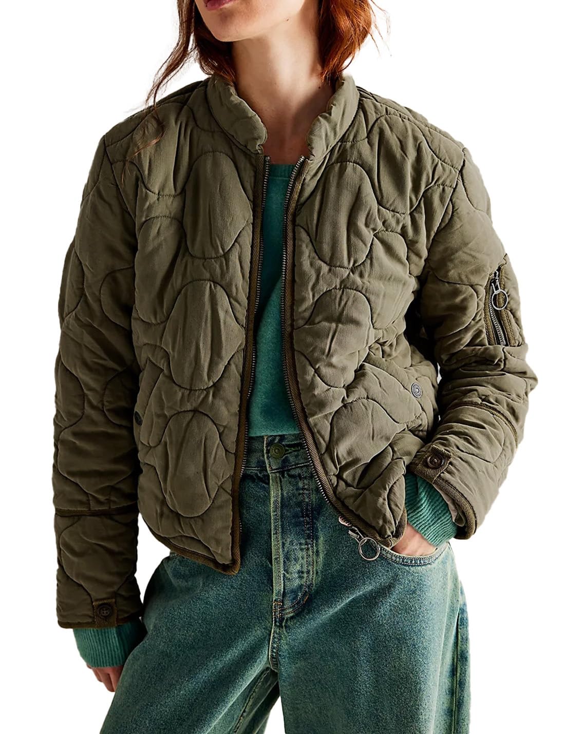 Photo 1 of COWOKA Women's Lightweight Zip Up Outerwear Coat Quilted Jacket Warm Down Puffer Jacket With Pockets Green M
