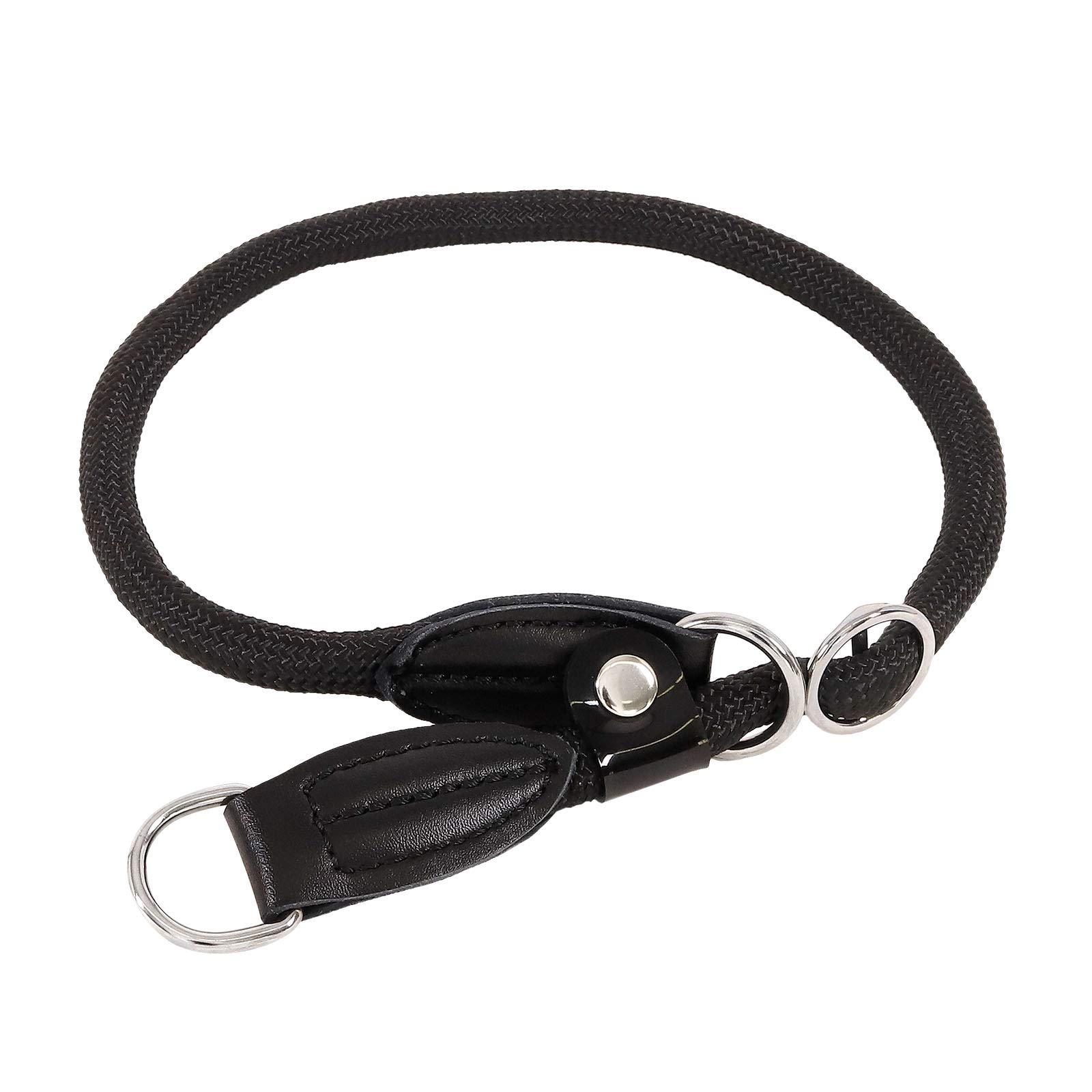 lionto Dog collar made of durable nylon for dog training, length 65 cm, 1 cm thick, pull stop collar for dogs, imitation leather with metal ring & adjustment by stepless slider, black