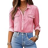 Denim Shirt Women Chambray Jean Western Shirts Long Sleeve Button Down Tops